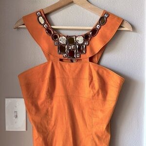 ADRIANNA PAPELL Beaded Orange Linen Midi Dress